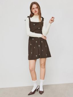Cider - Corduroy Square Neck Floral Embroidery Knotted Mini Dress