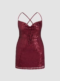 Cider - Sequins Cowl Neck Criss Cross Mini Dress Curve & Plus