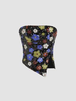 Cider - Sequin Floral Zipper Crop Tube Top