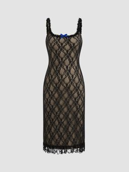 Cider - Lace U-neckline Bowknot Midi Dress