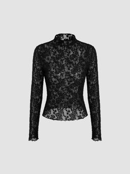 Cider - Lace High Neck Lettuce Trim Long Sleeve Top