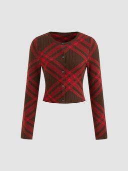 Cider - Knit Round Neckline Tartan Cardigan