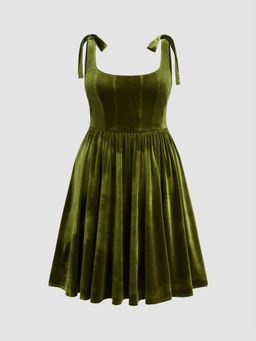 Cider - Velvet Square Neckline Knotted Ruffle Midi Dress