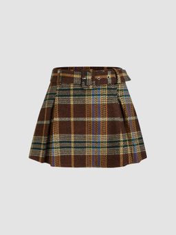 Cider - Tweed Mid Rise Tartan Pleated Mini Skirt With Belt