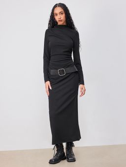 Cider - High Neck Ruched Long Sleeve Maxi Dress With Belt