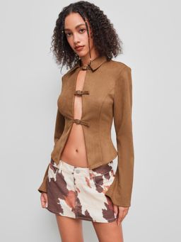 Cider - Suede Collar Belted Front Long Sleeve Blouse