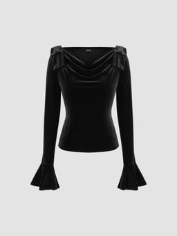 Cider - Velvet Cowl Neck Bowknot Long Sleeve Top