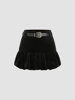 Cider - Velvet Mid Rise Bubble Hem Mini Skirt With Belt
