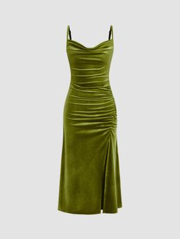 Cider - Velvet Cowl Neck Ruched Split Midi Dress