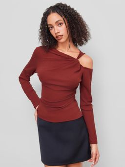 Cider - Cotton-blend Asymmetrical Neck Twist Long Sleeve Top