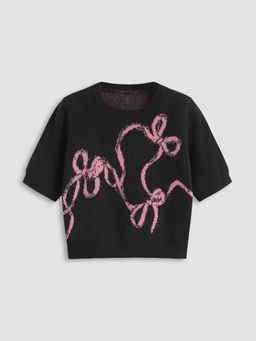 Cider - Knit Bowknot Oversized Short Sleeve Top