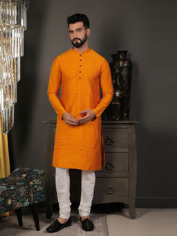 DEYANN Yellow Cotton Jacquard Woven Design Kurta with Churidar (Set of 2)