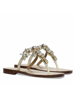 Saint G - Fleur Stone Embellished Off White Leather T-Straps Flats