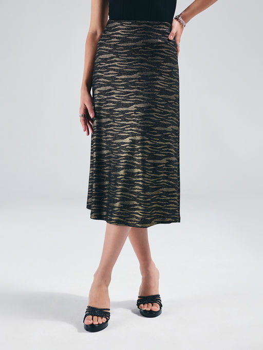 Twenty Dresses by Nykaa Fashion Black Animal Print A Line Flared Midi Skirt