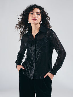 Twenty Dresses by Nykaa Fashion - Black Sequin Full Sleeves Boxy Shirt with Cami