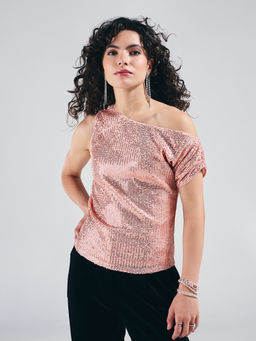 Twenty Dresses by Nykaa Fashion - Pink Sequin One Shoulder Top
