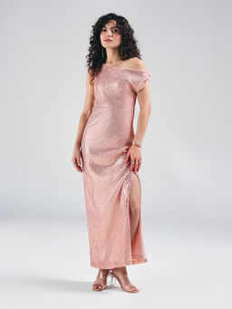Twenty Dresses by Nykaa Fashion - Pink Sequin Asymmetric Neck High Slit Draped Gown