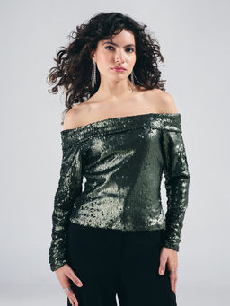 Twenty Dresses by Nykaa Fashion - Olive Green Off Shoulder Full Sleeves Sequin Top