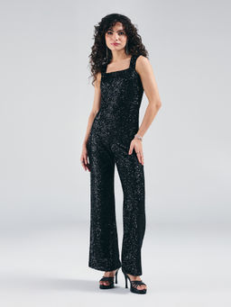 Twenty Dresses by Nykaa Fashion - Black Sequin Square Neck Wide Leg Jumpsuit