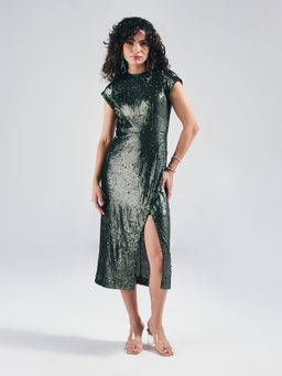 Twenty Dresses by Nykaa Fashion - Olive Green Sequin High Neck Short Sleeves Midi Dress