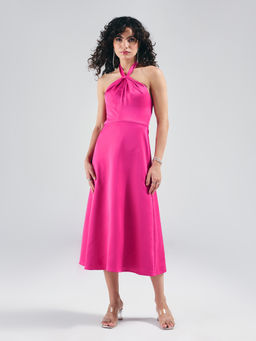 Twenty Dresses by Nykaa Fashion - Pink Solid Halter Neck with Twisted Front A Line Midi Dress