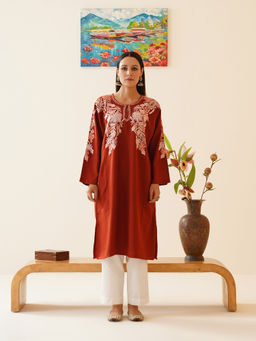 Kashmir Box - Red Floral Aari Embroidered Cashmilon Kashmiri Phiran Winter Kurta