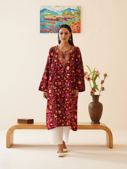 Kashmir Box - Maroon Floral Aari Embroidered Cashmilon Kashmiri Phiran Winter Kurta