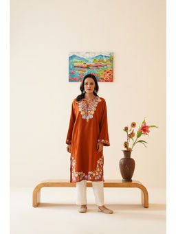 Kashmir Box - Orange Paisley Aari Embroidered Cashmilon Kashmiri Phiran Winter Kurta