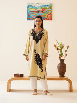 Kashmir Box - Off White Grace Aari Embroidered Cashmilon Kashmiri Phiran Winter Kurta