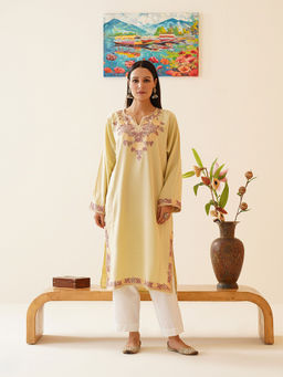 Kashmir Box - Cream Blossom Aari Embroidered Cashmilon Kashmiri Phiran Winter Kurta