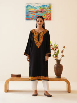 Kashmir Box - Black Aari Embroidered Cashmilon Kashmiri Phiran Winter Kurta