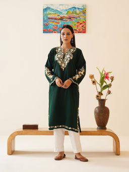 Kashmir Box - Green Aari Embroidered Cashmilon Kashmiri Phiran Winter Kurta