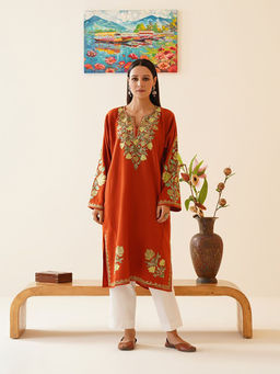 Kashmir Box - Rust Chinar Aari Embroidered Cashmilon Kashmiri Phiran Winter Kurta