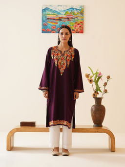 Kashmir Box - Purple Aari Embroidered Cashmilon Kashmiri Phiran Winter Kurta