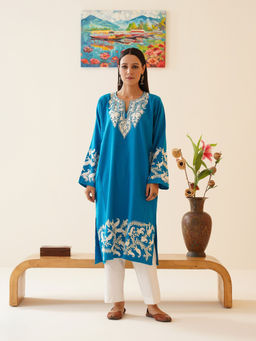 Kashmir Box - Blue Paisley Aari Embroidered Cashmilon Kashmiri Phiran Winter Kurta