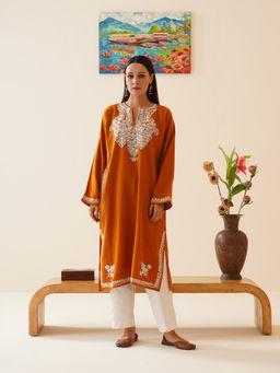 Kashmir Box - Orange Aari Embroidered Cashmilon Kashmiri Phiran Winter Kurta