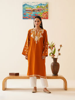 Kashmir Box - Orange Aari Embroidered Cashmilon Kashmiri Phiran Winter Kurta
