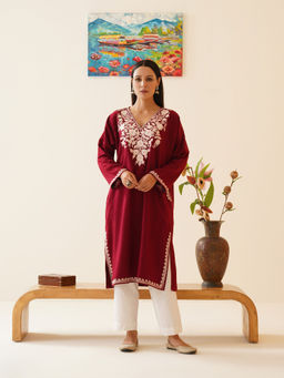 Kashmir Box - Maroon Blush Aari Embroidered Cashmilon Kashmiri Phiran Winter Kurta