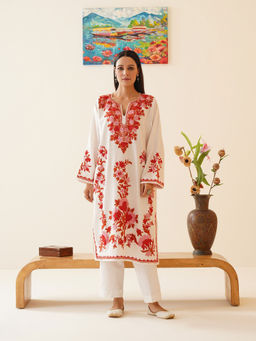 Kashmir Box - Off White Serene Bloom Aari Embroidered Cashmilon Kashmiri Phiran Winter Kurta
