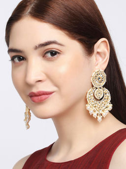 OOMPH - Gold Jadau Kundan Heart Shape Large Ethnic Drop Earrings