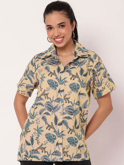 Moomaya - Beige Short Sleeve Collar Neck Rayon Shirt