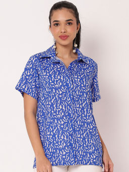 Moomaya - Blue Short Sleeve Collar Neck Rayon Shirt