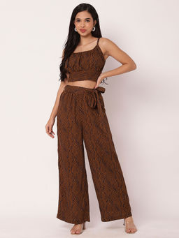 Moomaya - Brown Summer Crop Top with Palazzo with Belt (Set of 3)