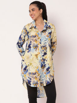 Moomaya - Multi-Color Printed Long Collared High Low Shirt