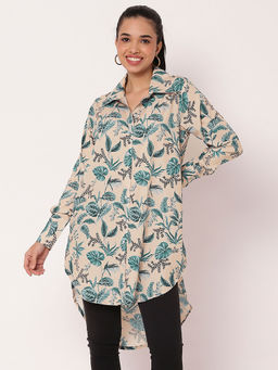 Moomaya - Beige Printed Long Collared High Low Shirt