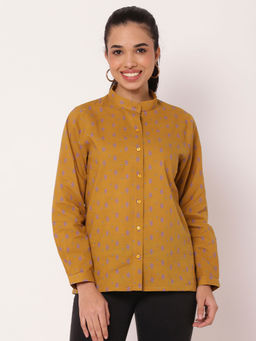 Moomaya - Mustard Cotton Printed Summer Shirt