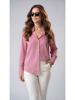 Twenty Dresses by Nykaa Fashion - Pastel Yellow & Pink Poly Crepe Vertical Stripes Printed Shirt