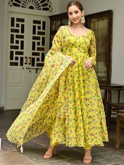 Lavanya The Label - Yellow Printed Organza Anarkali (Set of 3)