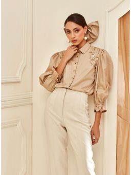 Label Deepika Nagpal - Beige Puff Sleeve Embellished Shirt