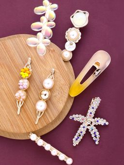 Yellow Chimes - Women White and Yellow Set of 7 Embellished Hair Accessory Set